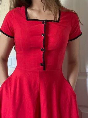 Red Fit-and-Flare Button Front Dress with Black Trim